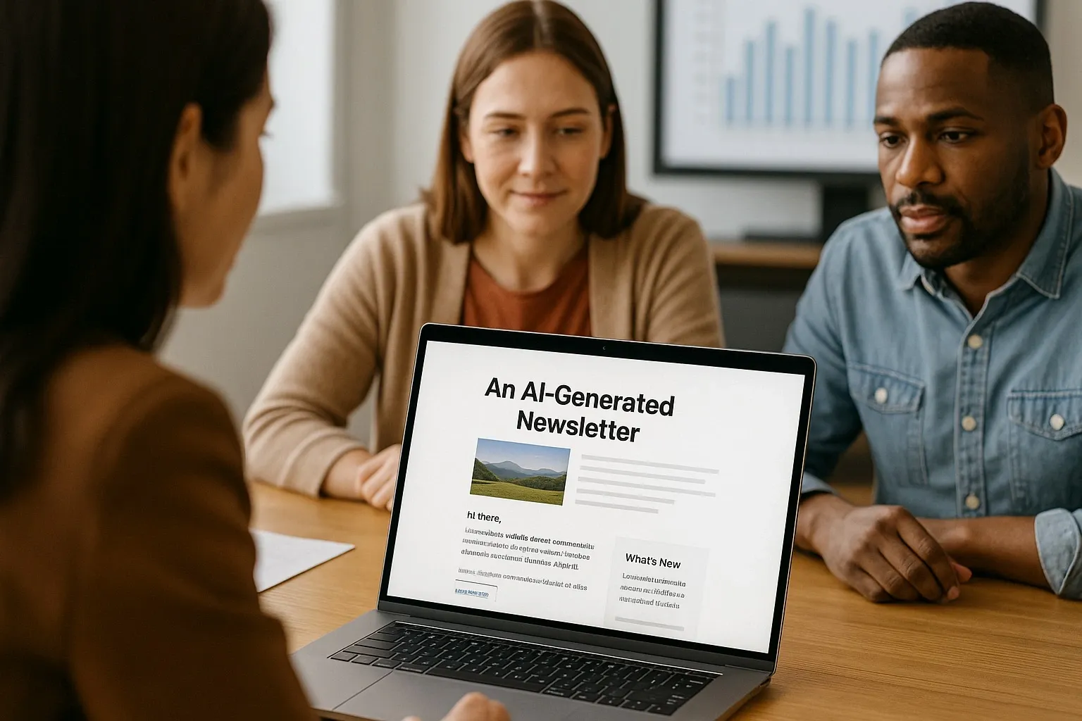 Team using AI newsletter draft for review.