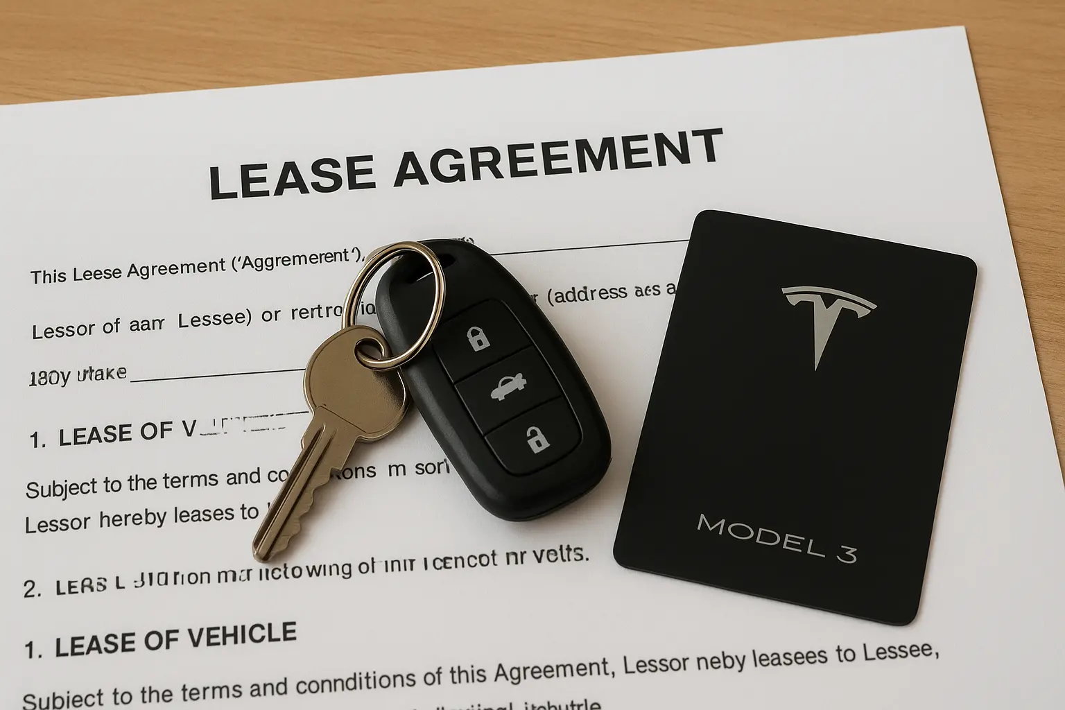 Close-up photo of a Tesla lease agreement on a desk with keys and Model 3 keycard, 16:9 ratio.
