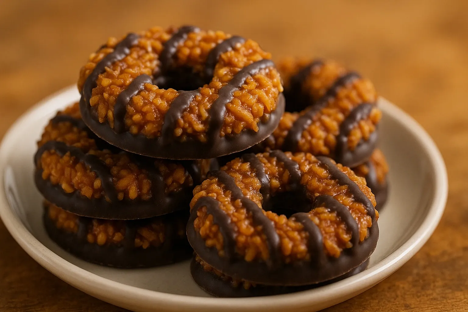Thin Mints and Samoas stacked close-up