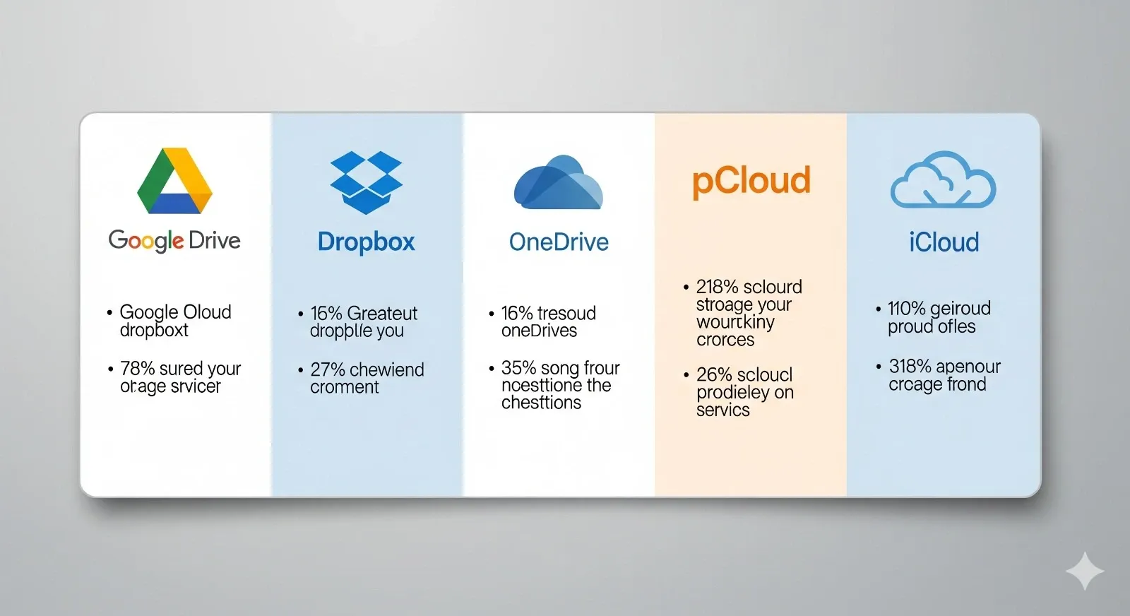 Logos of Google Drive, Dropbox, OneDrive, pCloud, and iCloud.