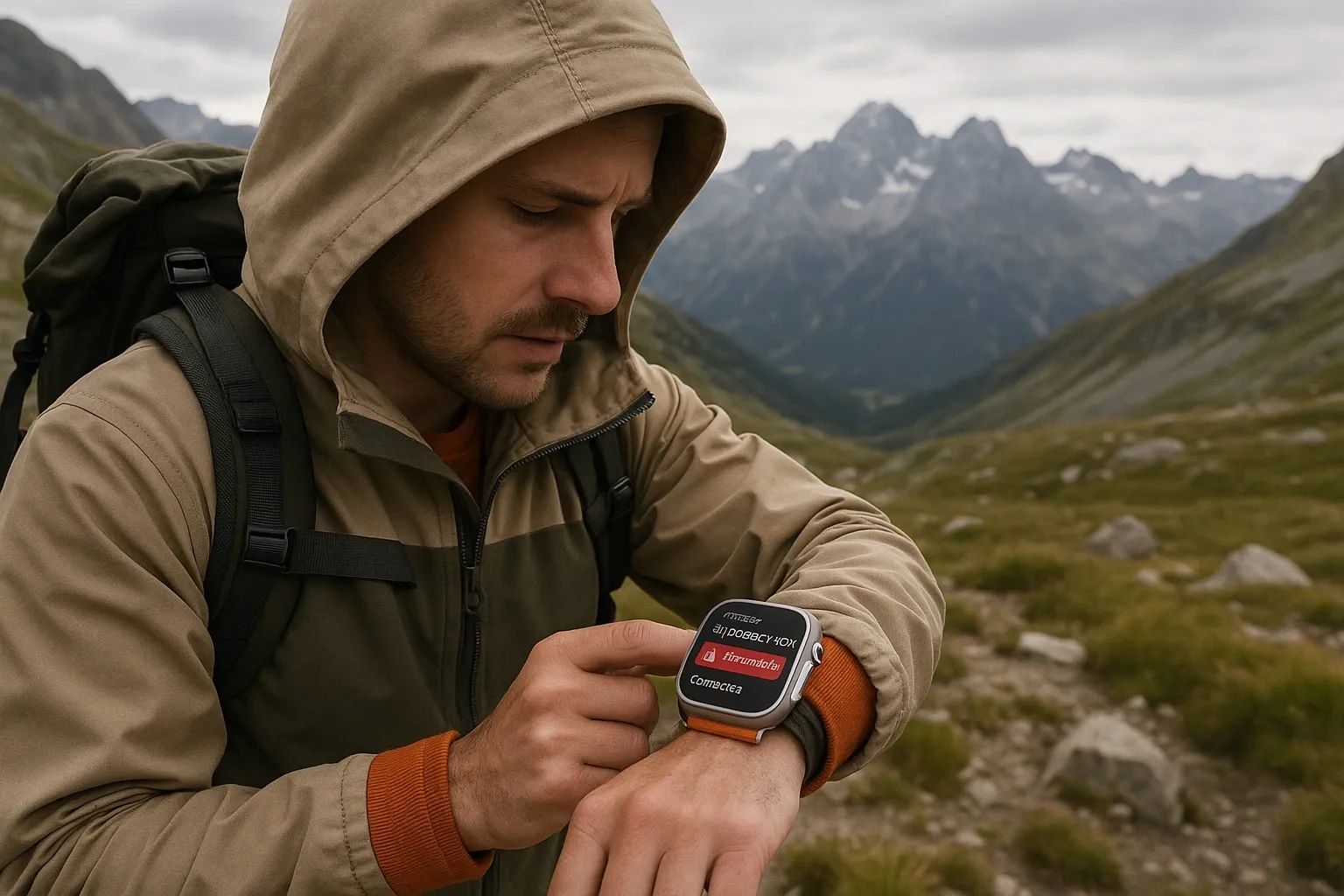 Apple Watch Ultra 3 using satellite emergency feature in outdoors.