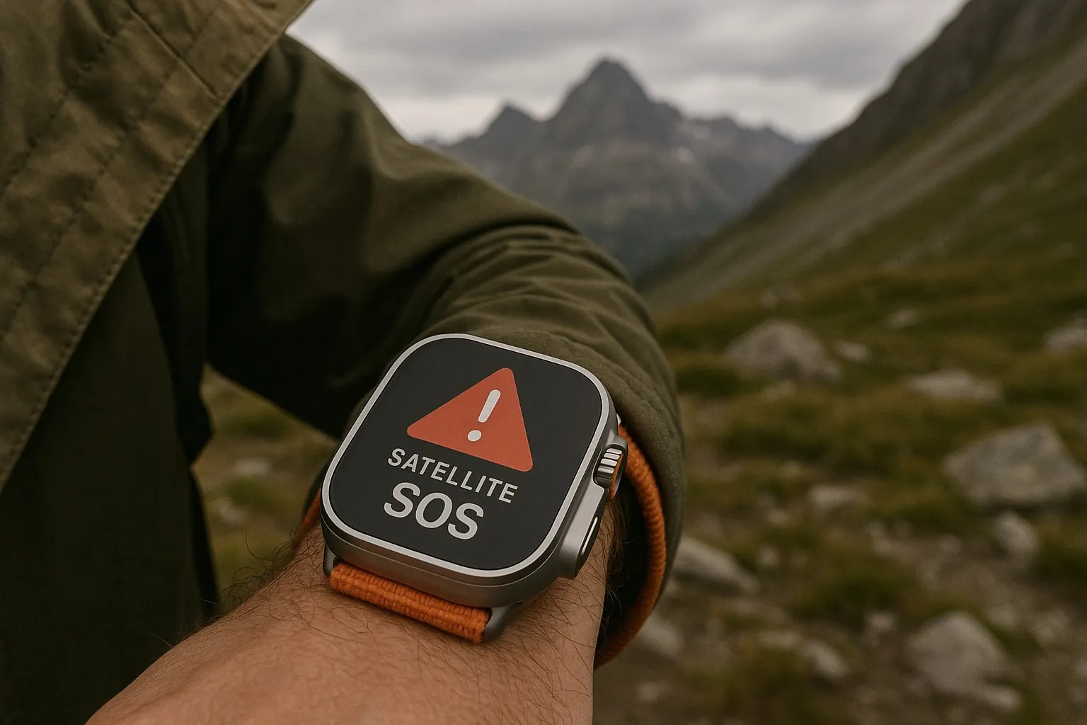 Apple Watch Ultra 3 satellite SOS mode in wilderness.