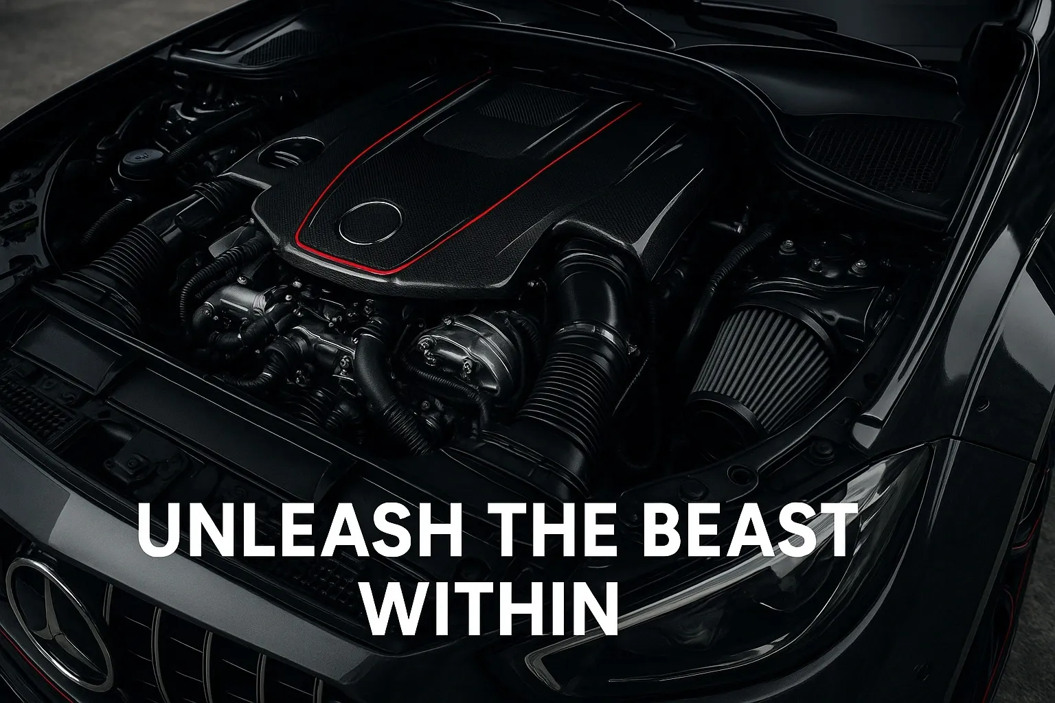 Close-up view of the powerful engine of a Mercedes-Benz G-Class Brabus, with the hood open, featuring sleek black design and red accents, and the text "UNLEASH THE BEAST WITHIN" overlaid.