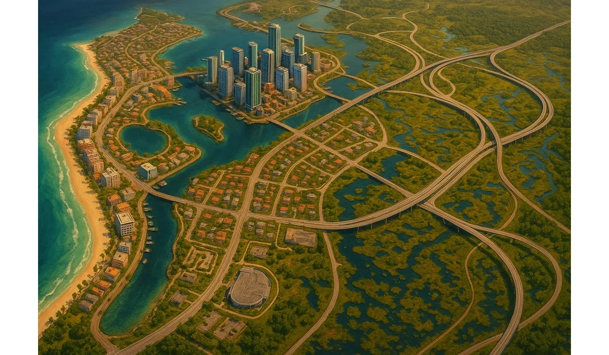 Leaked GTA 6 Vice City inspired map with highways, coastal areas, and urban layout.