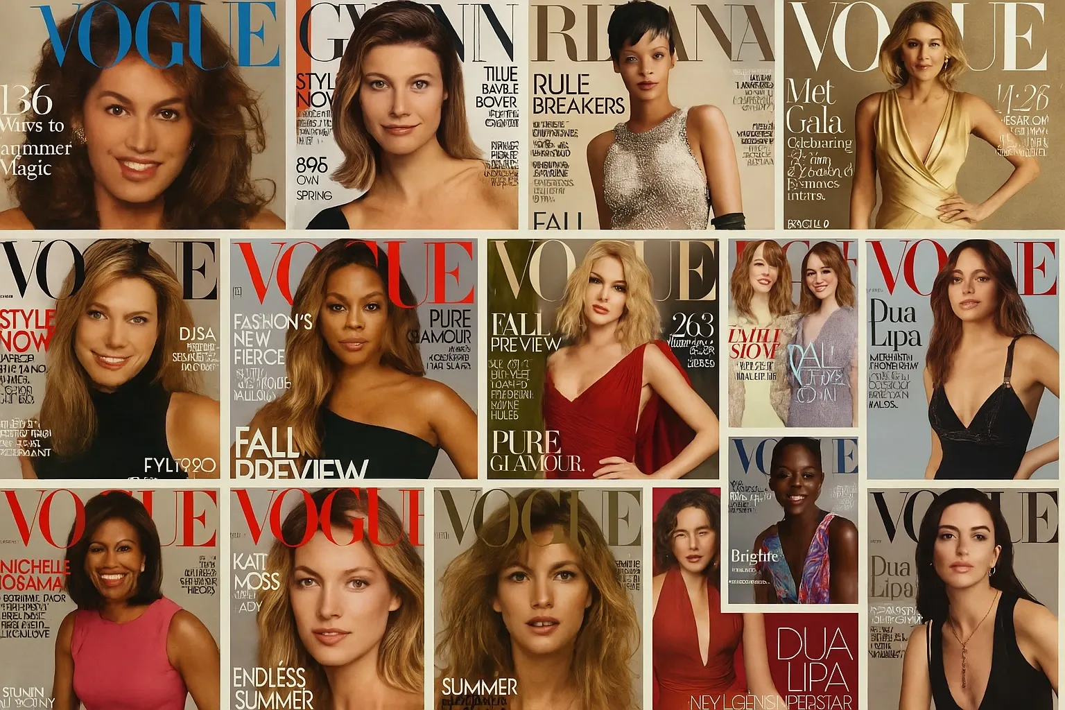 Collage of Vogue magazine covers showcasing Anna Wintour’s editorial influence.
