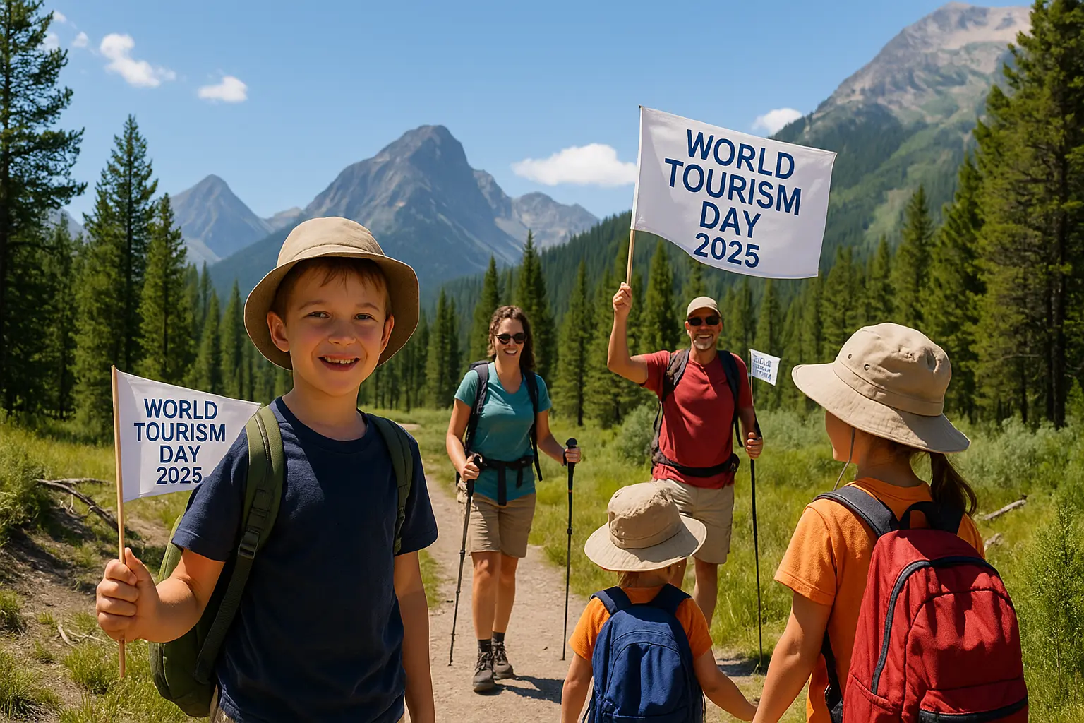 A family of four hikes through Yellowstone National Park with banners celebrating World Tourism Day 2025, representing eco-friendly tourism in the US.