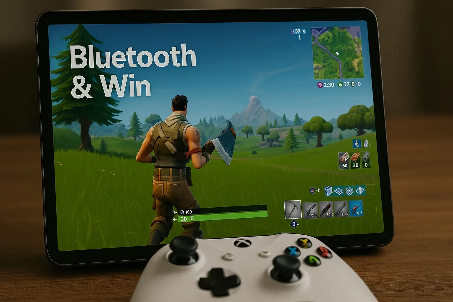 Xbox Cloud Gaming Fortnite gameplay on tablet with Bluetooth controller