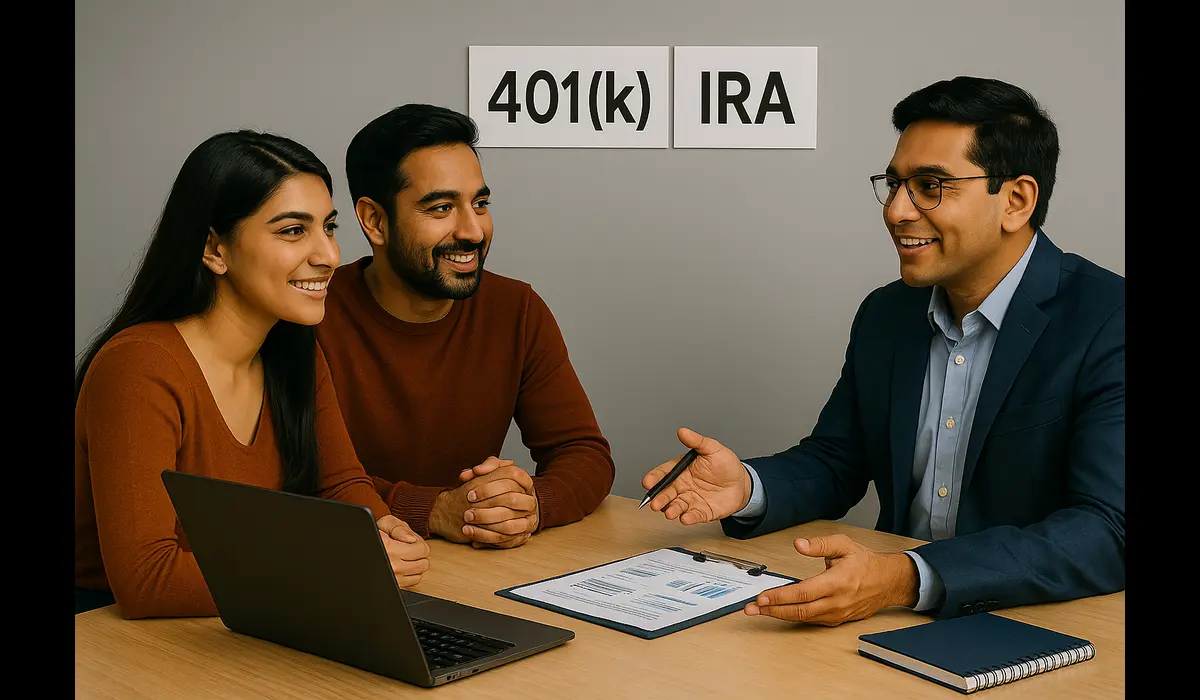 Indian family learning about 401(k) and IRA as part of tax-saving evergreen strategies in the USA.