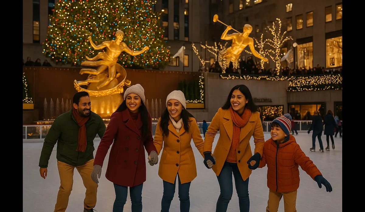 Affordable Christmas vacation packages in USA — Indian family ice skating at Rockefeller Center, New York.