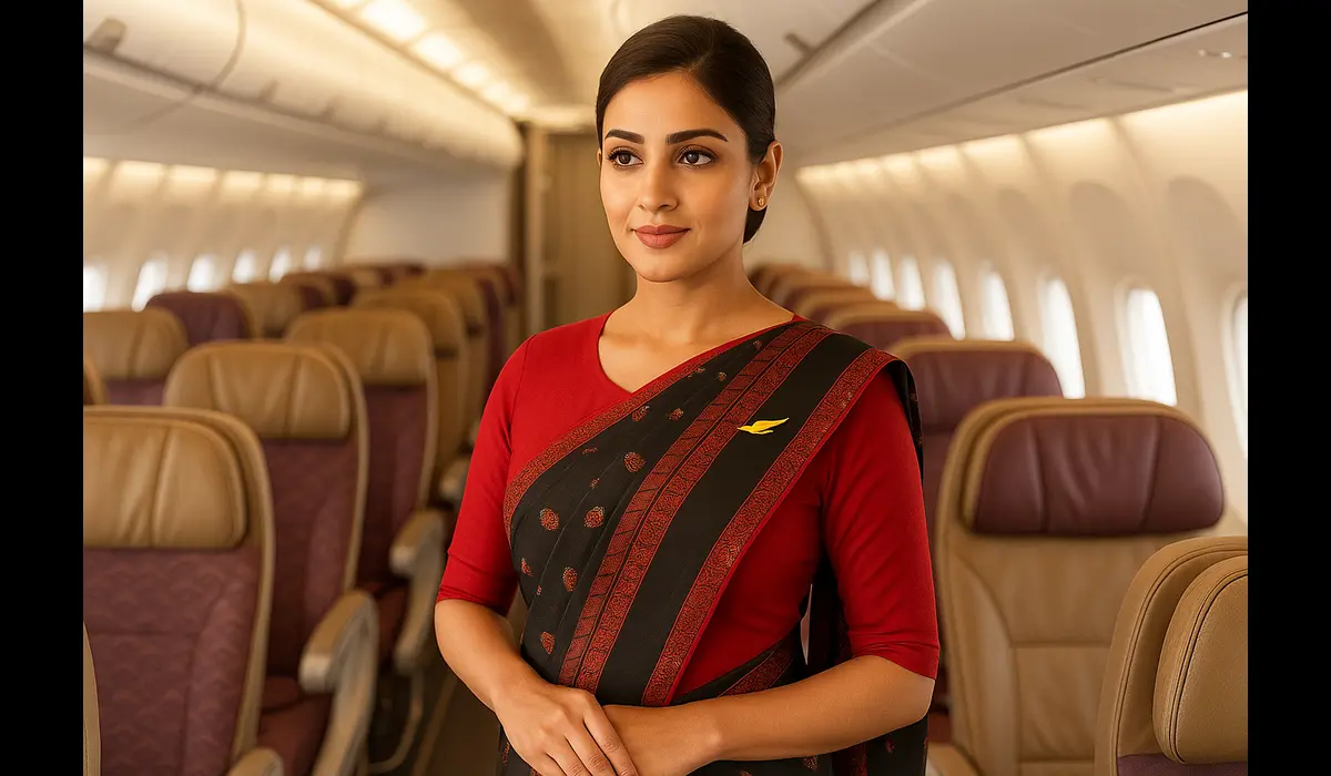 Female Air India cabin crew wearing new saree-style uniform inside aircraft.