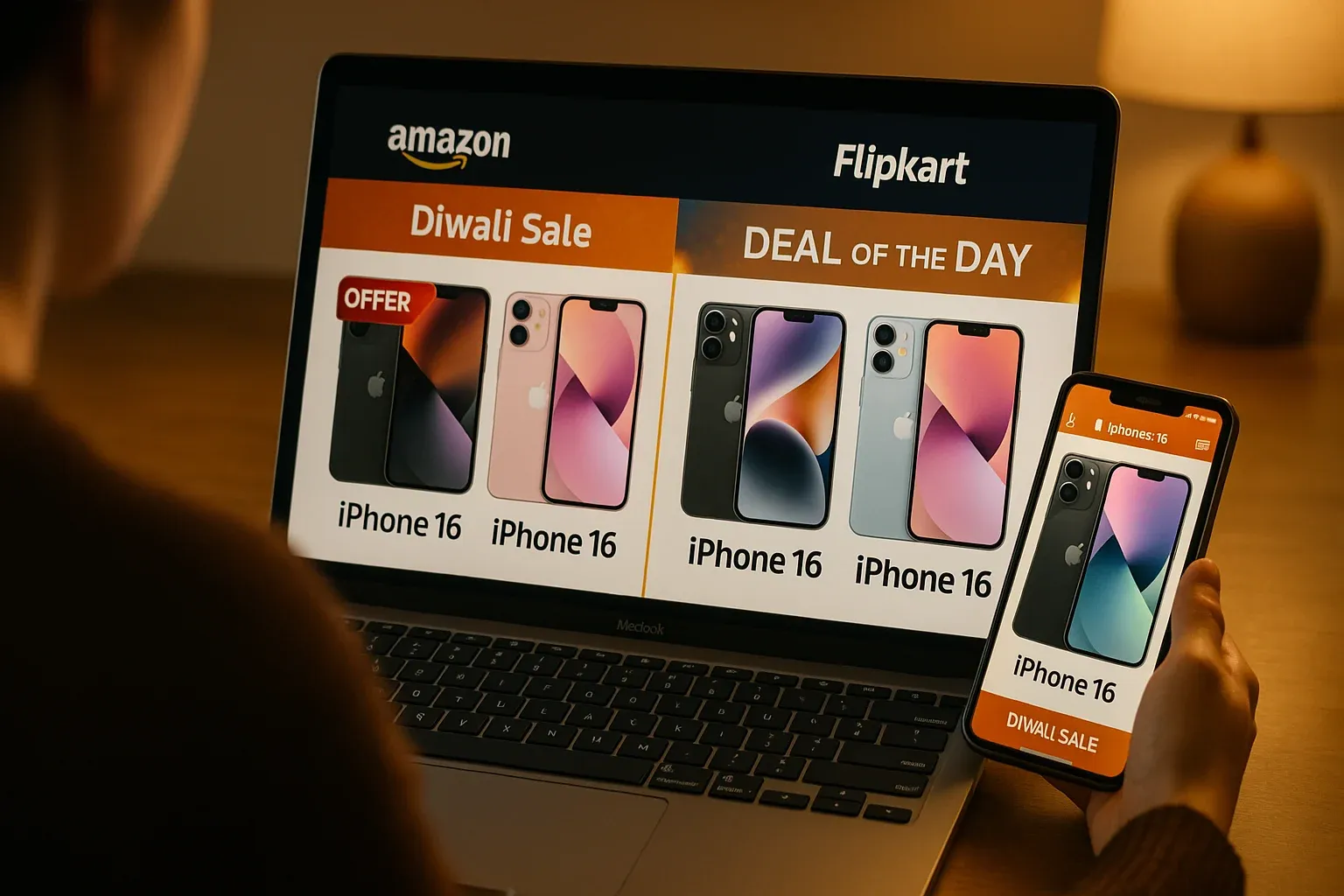 Searching iPhone 16 lowest price during Amazon Flipkart Diwali sale