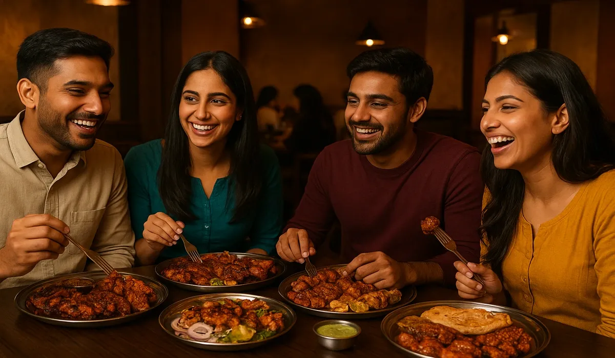 Group dining at an Indian BBQ restaurant inspired by American BBQ culture.