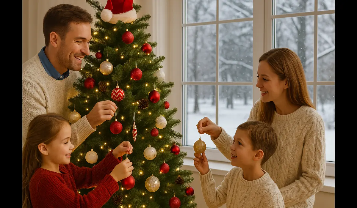 Christmas in USA vs India — American family decorating their Christmas tree.