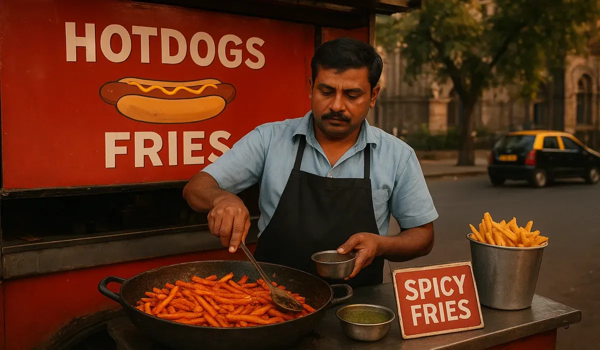 Indian vendor blending American fast food with local street snacks.