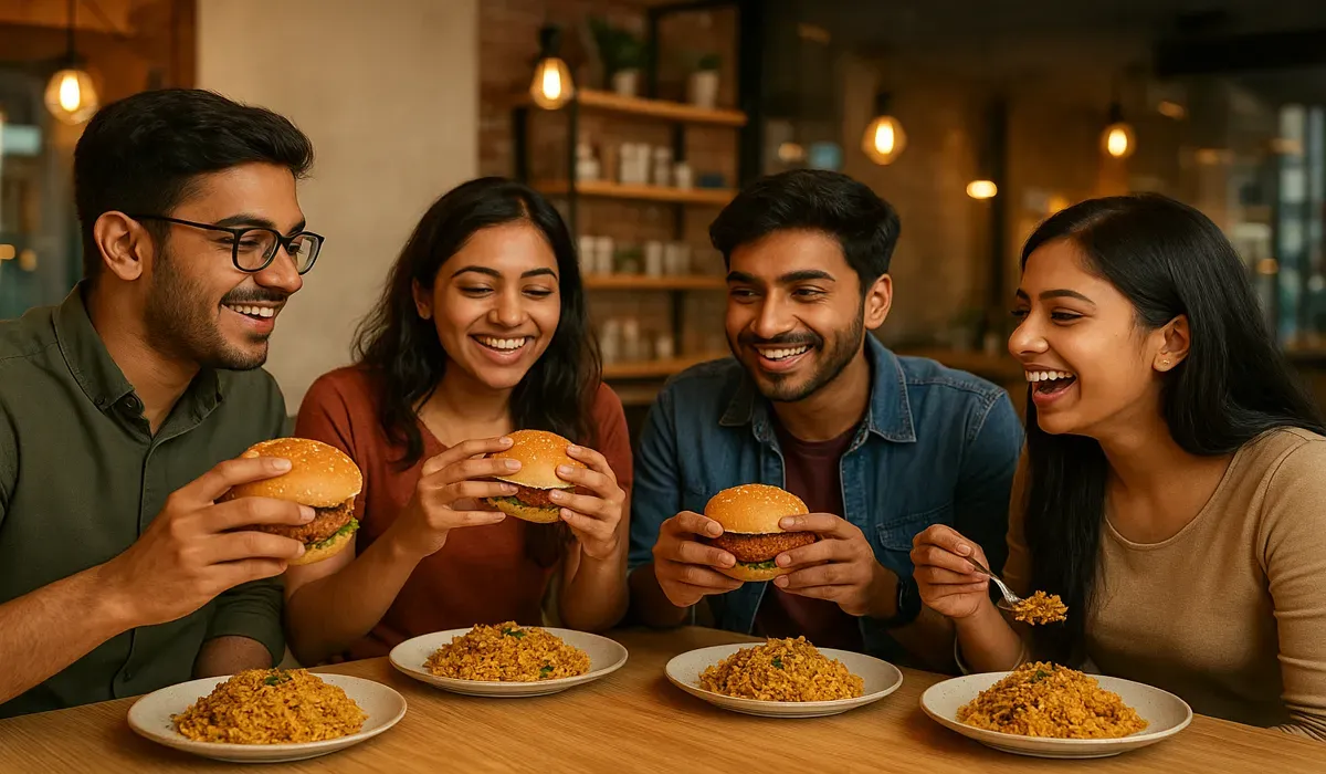 Indian millennials enjoying burgers and biryanis reflecting American food culture.