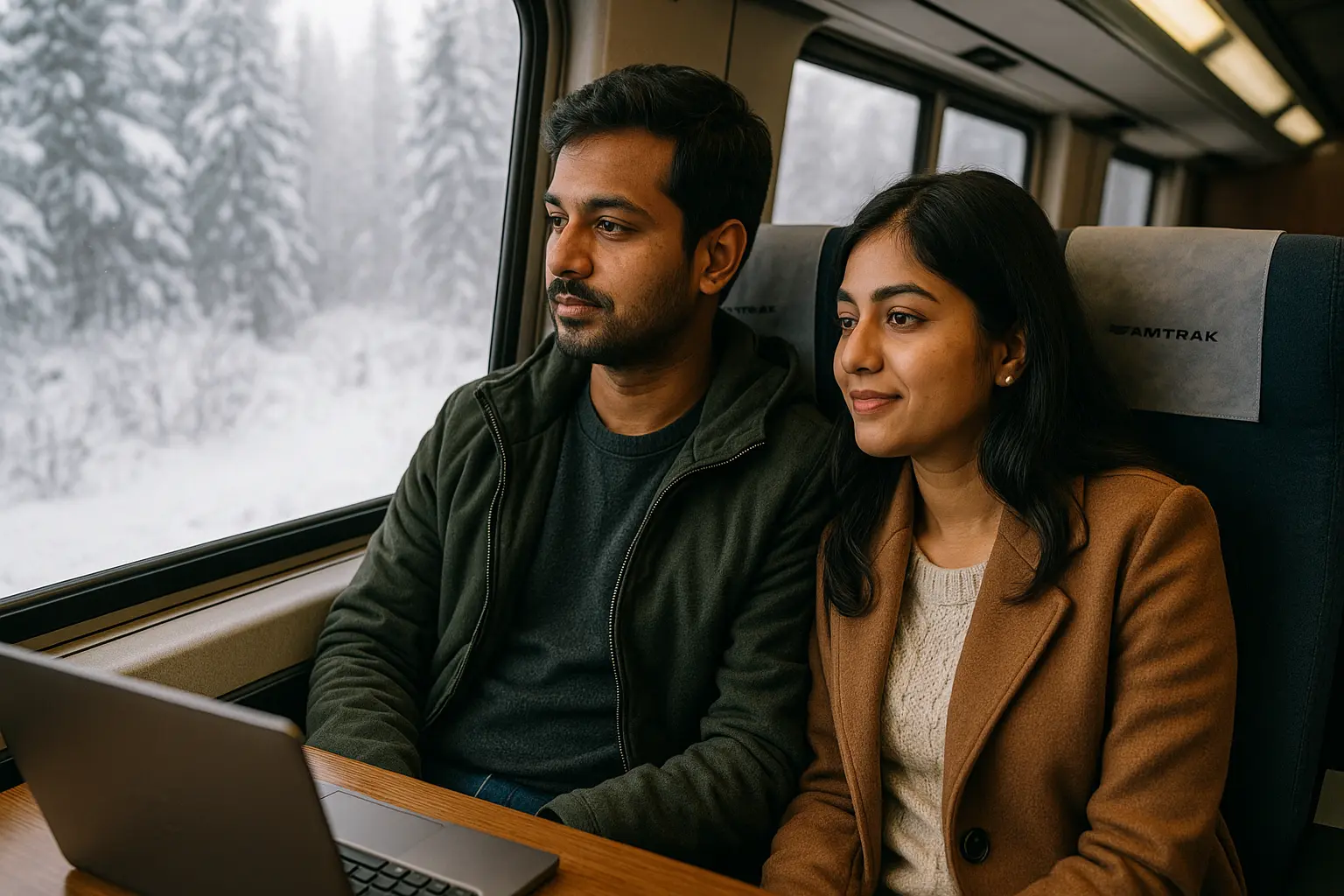 Indian travelers using Amtrak to explore USA in December on budget.