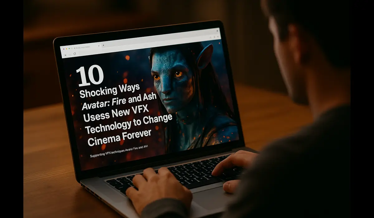 Person viewing Avatar: Fire and Ash VFX article on laptop screen.