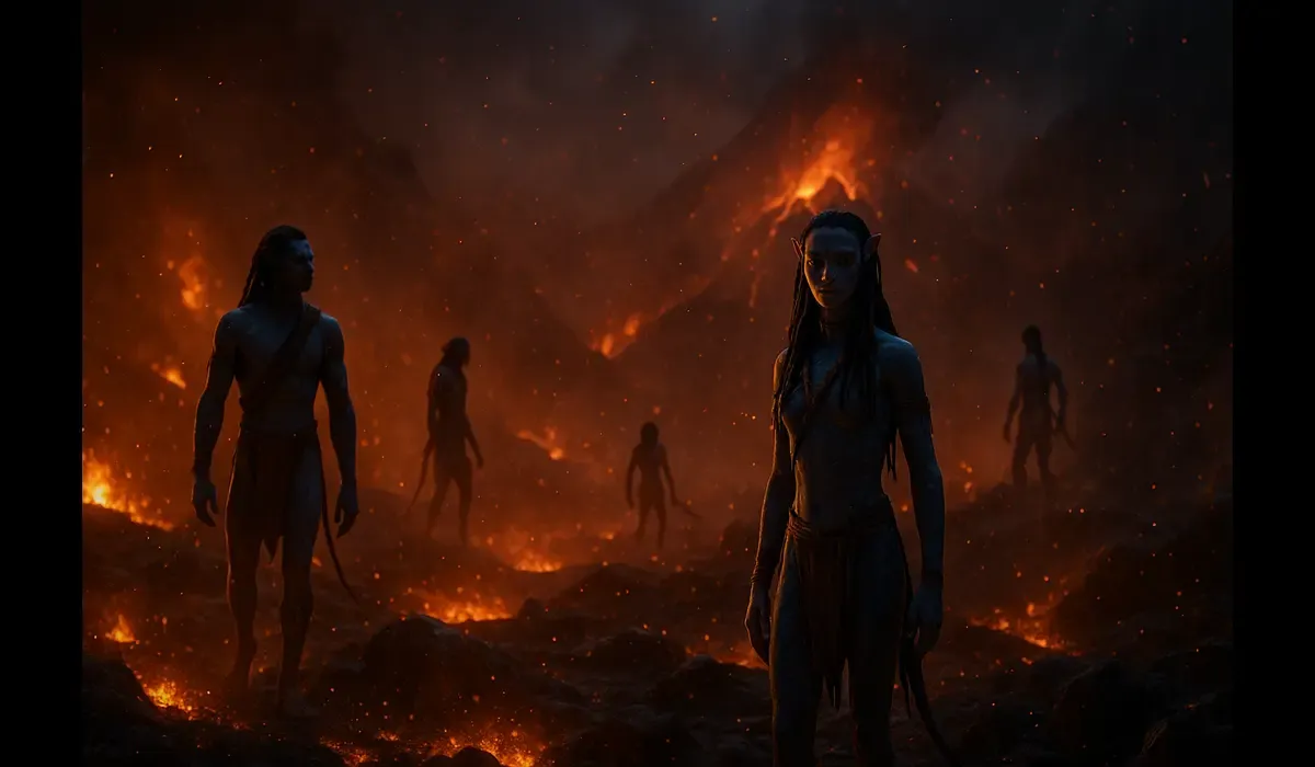 Na’vi warriors standing in a volcanic battlefield with glowing embers — Avatar: Fire and Ash VFX.