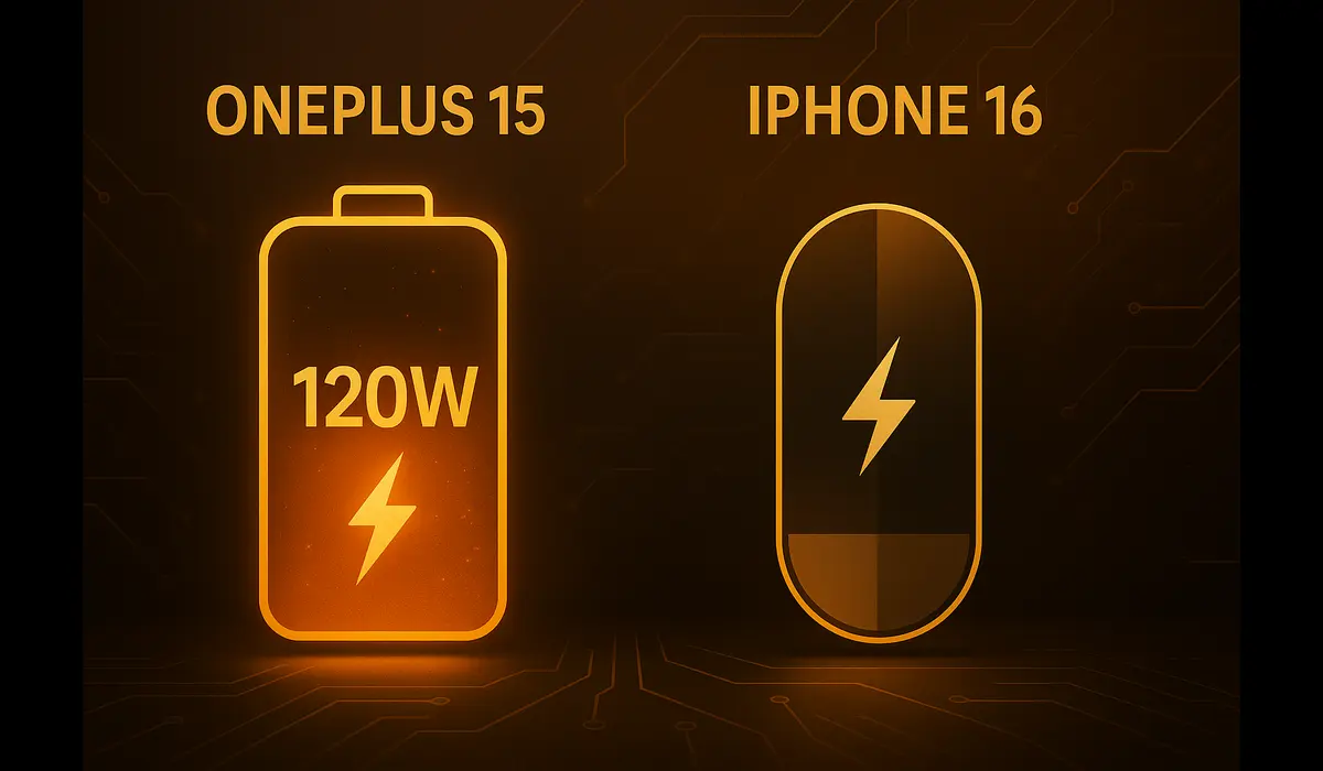 OnePlus 15 vs iPhone 16 battery and charging speed visual comparison.