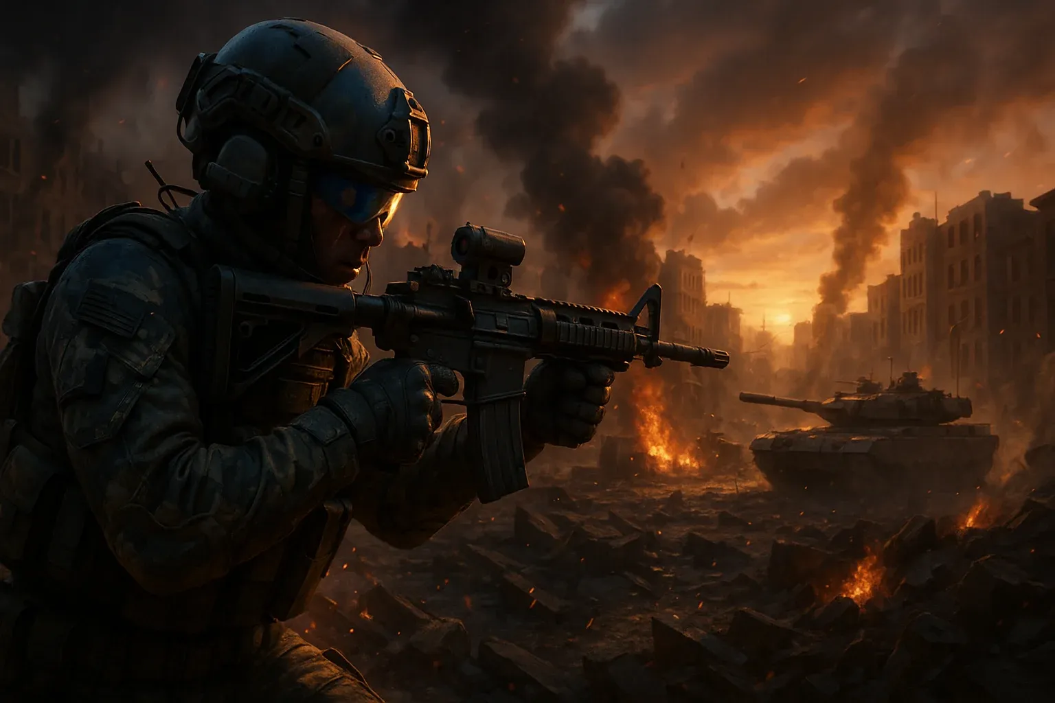 A dynamic scene capturing a Battlefield 6 soldier in full tactical armor engaging in a heated firefight, symbolizing the power and strategy behind the game’s best weapon loadouts.