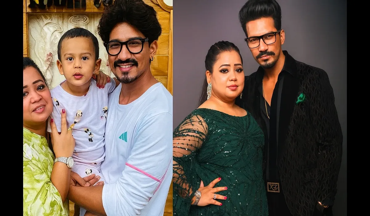 Bharti Singh and Haarsh Limbachiyaa with their son in a family photo and glamorous couple portrait side by side