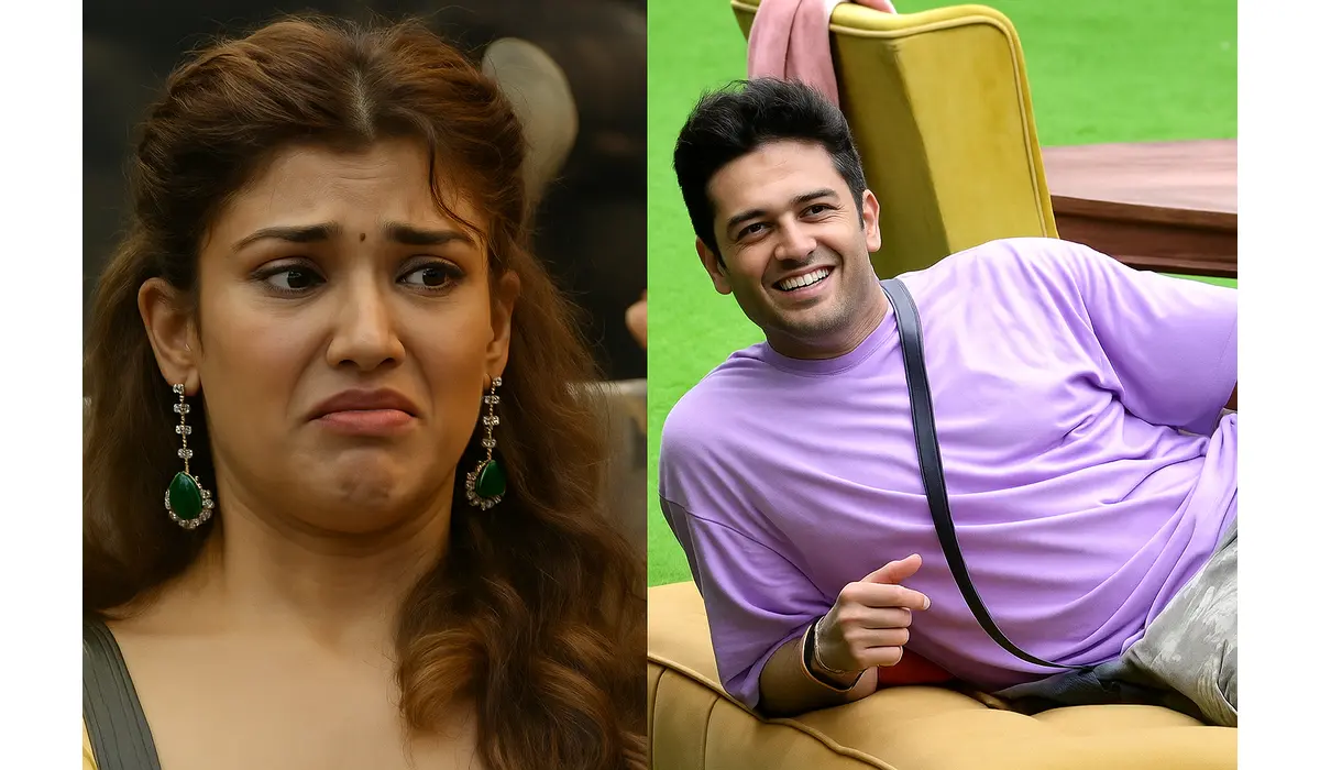Bigg Boss 19 contestants showing contrasting emotions — one upset indoors and another smiling outdoors in the garden area.