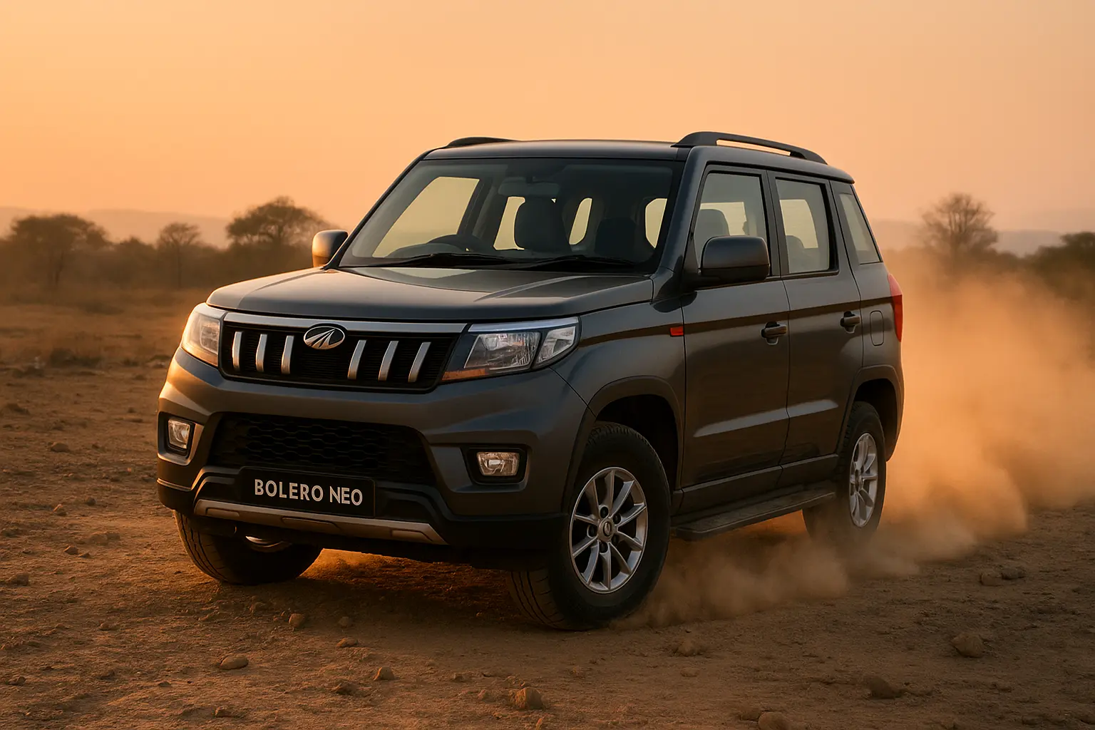 Mahindra Bolero Neo parked on rugged terrain with dust trail, showcasing ground clearance.