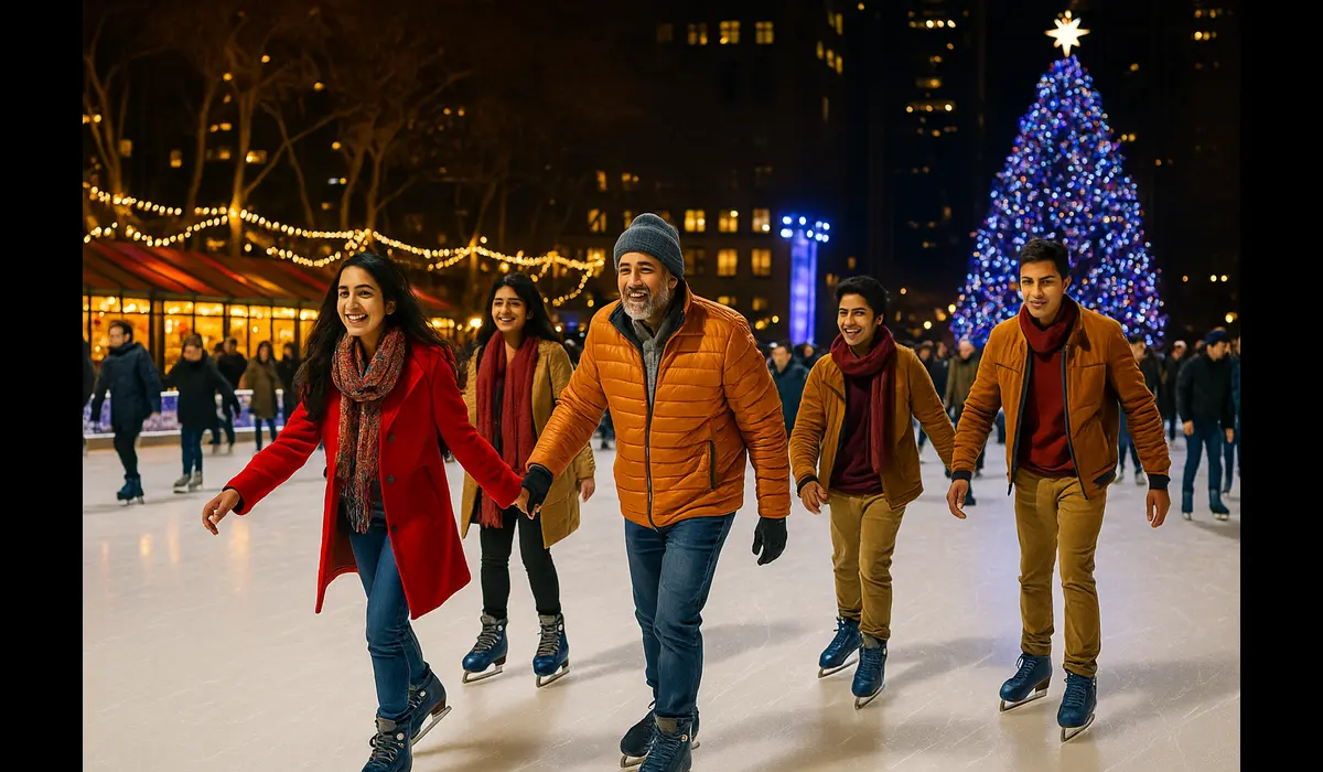 Indian travelers enjoying Christmas in New York USA at Bryant Park rink.