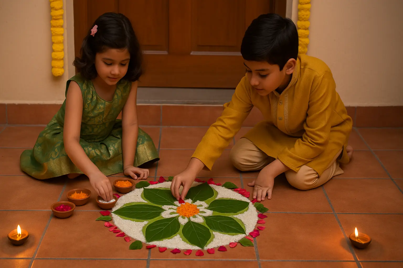 kids making eco-friendly rangoli with natural colors