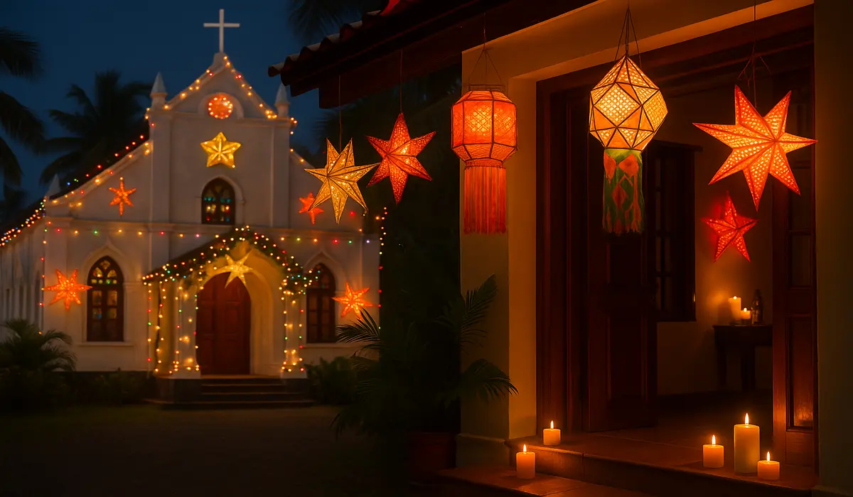 Indian Christians celebrating Christmas in India with lights and lanterns.