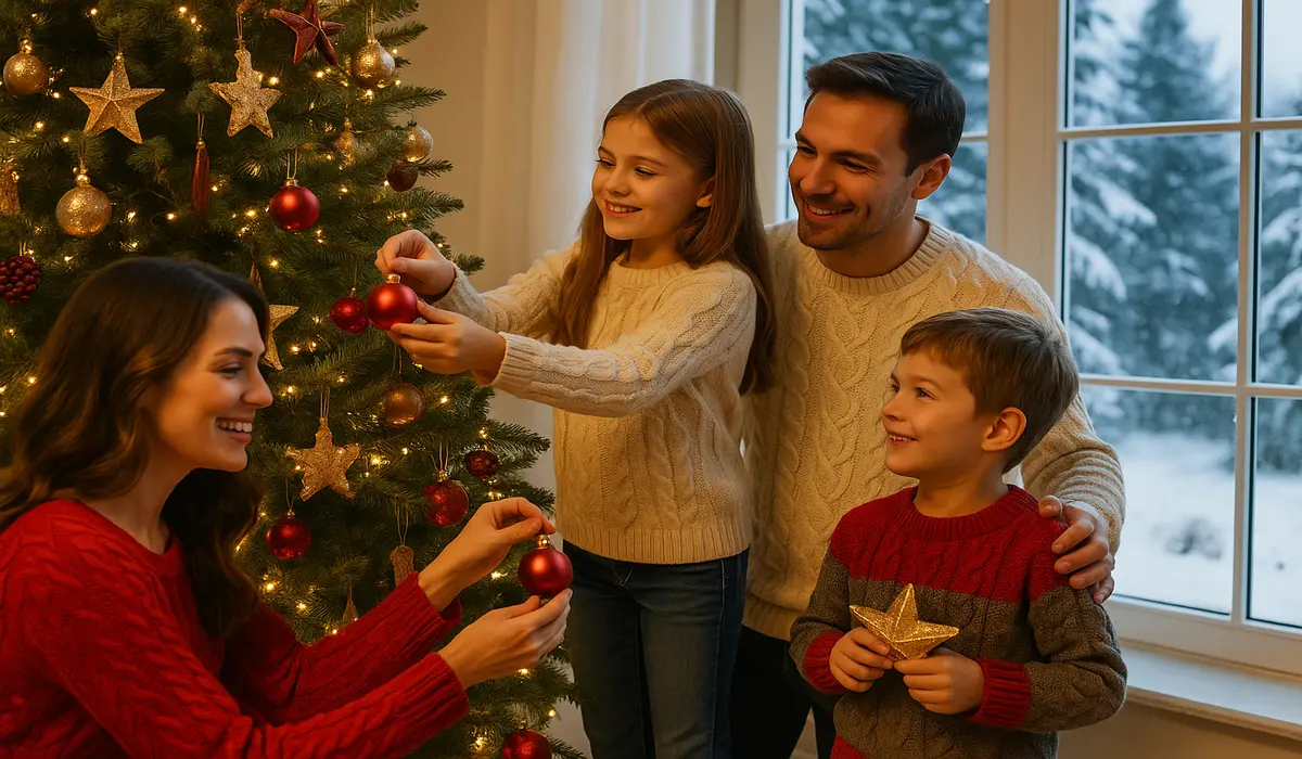 American family celebrating Christmas in USA with snow and decorations.