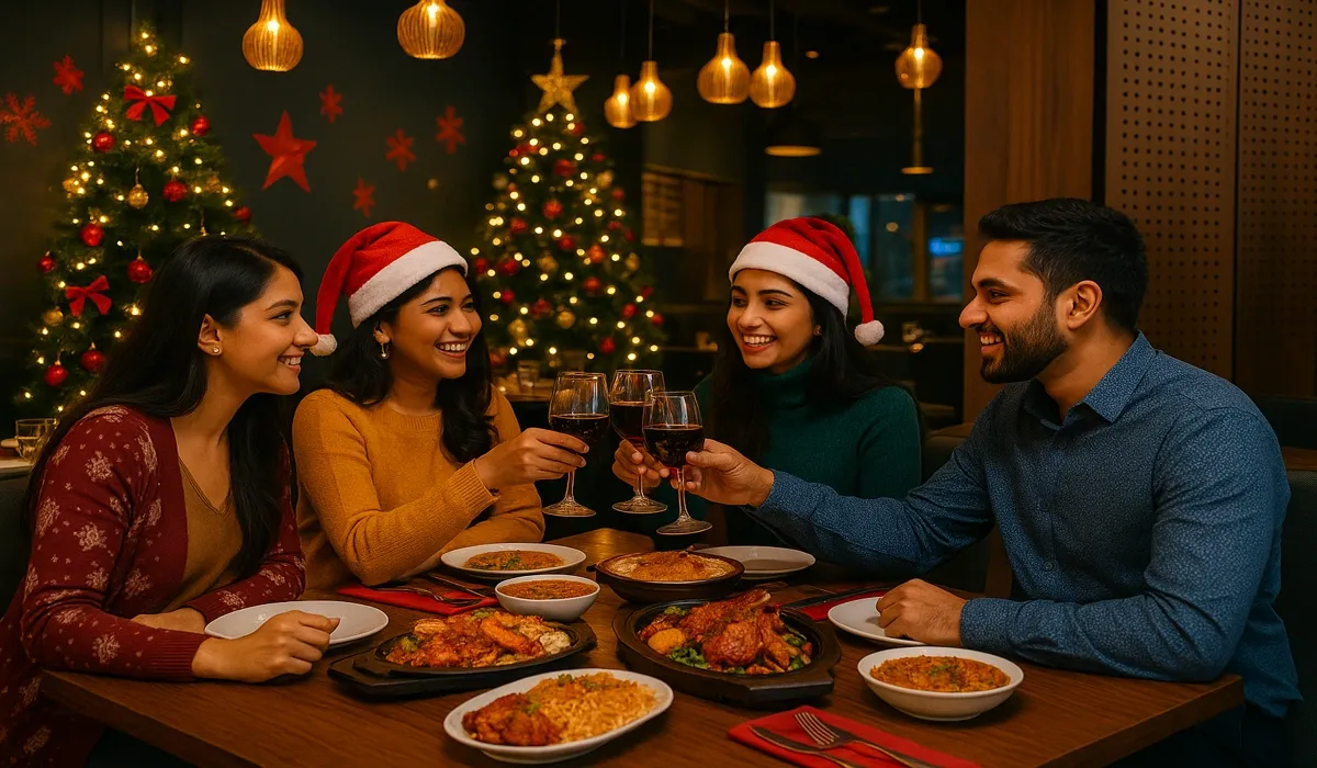 Indian tourists celebrating Christmas in USA at Indian restaurant.