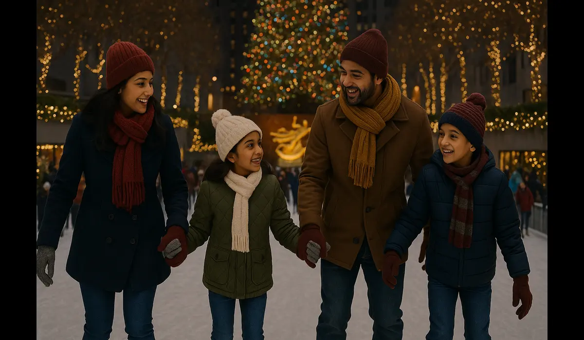 Indian family enjoying Christmas at Rockefeller Center in USA.