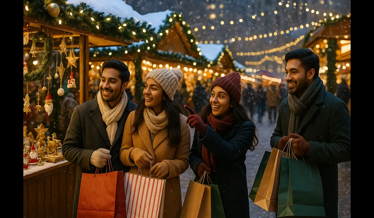Affordable Christmas vacation packages in USA — Indian tourists shopping at Chicago Christmas Market.