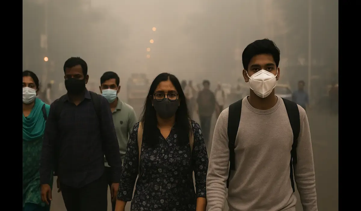 Commuters in Mumbai during air quality after Diwali 2025 AQI 212.