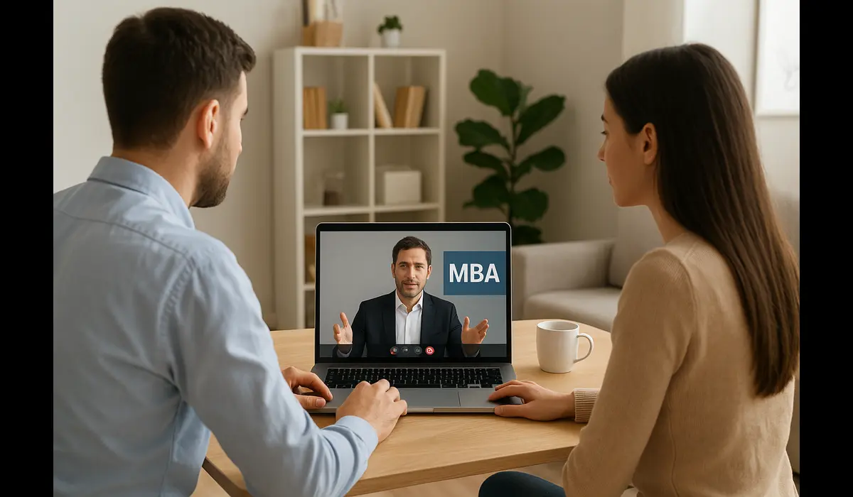 Students comparing Online MBA vs Distance MBA courses on laptops.