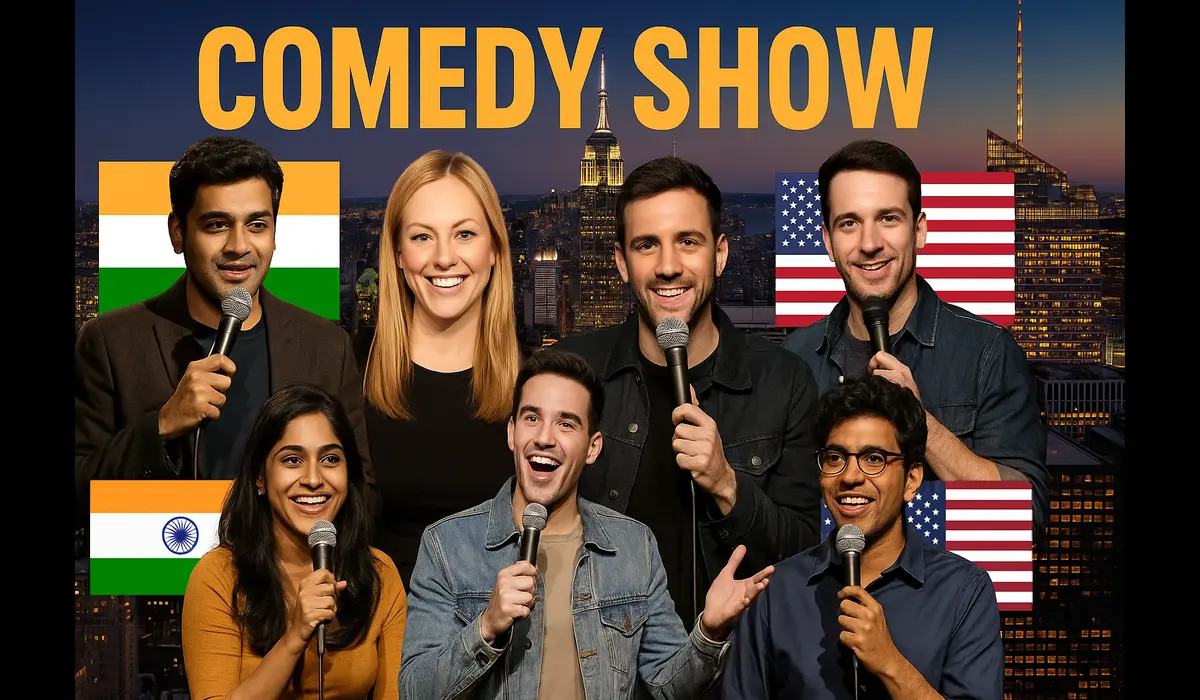 Indian and American comedians performing together in USA.