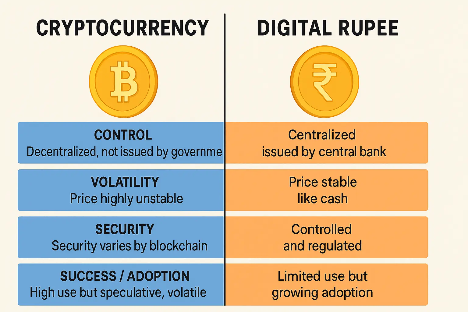 Crypto vs. Digital Rupee comparison infographic.