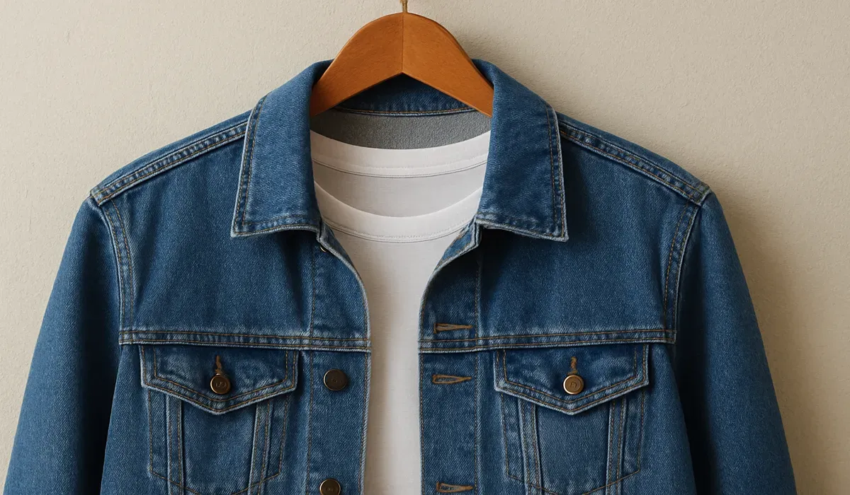 Blue denim jacket and white tee representing everyday American fashion staples.
