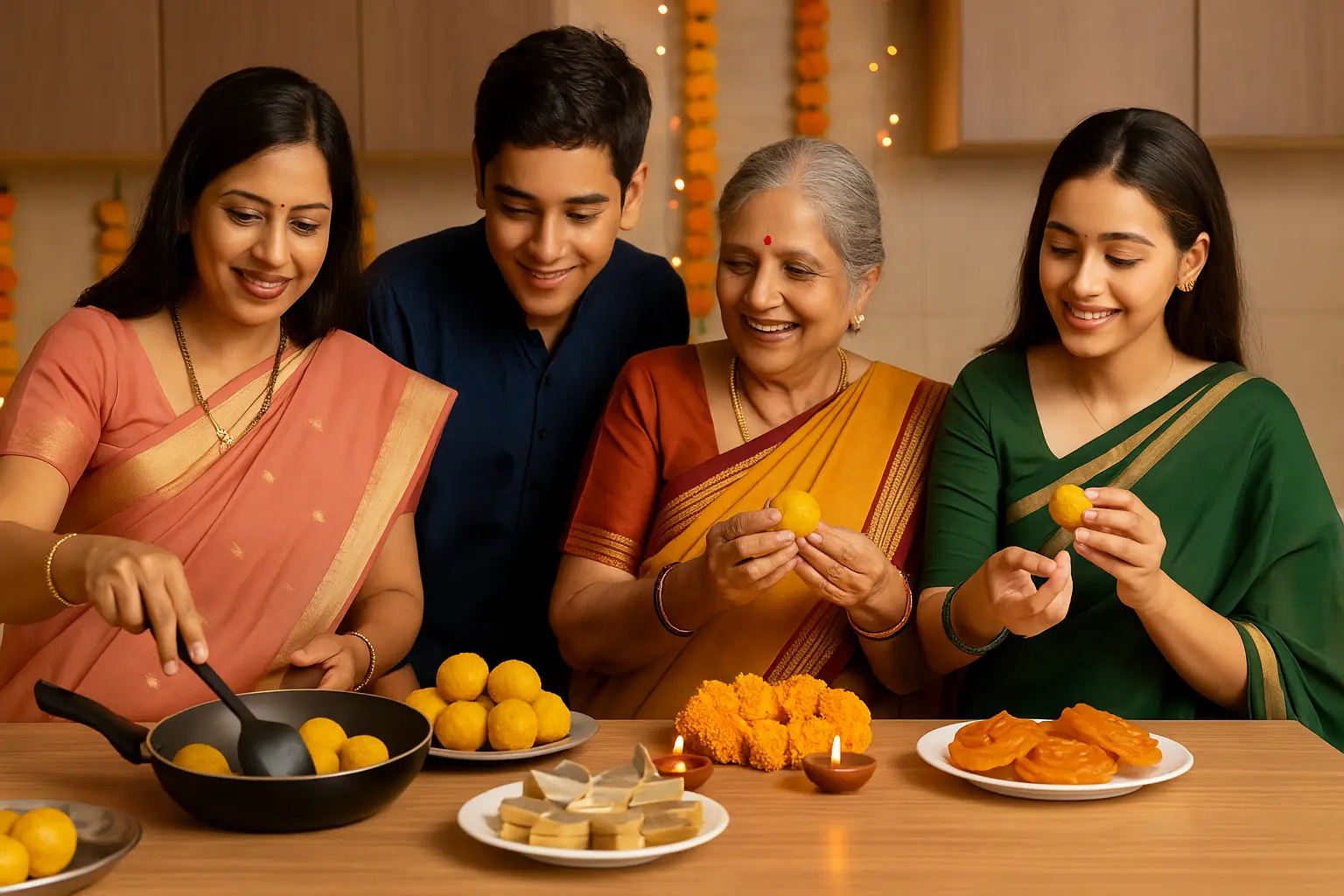 homemade diwali snacks for guests – family preparing together