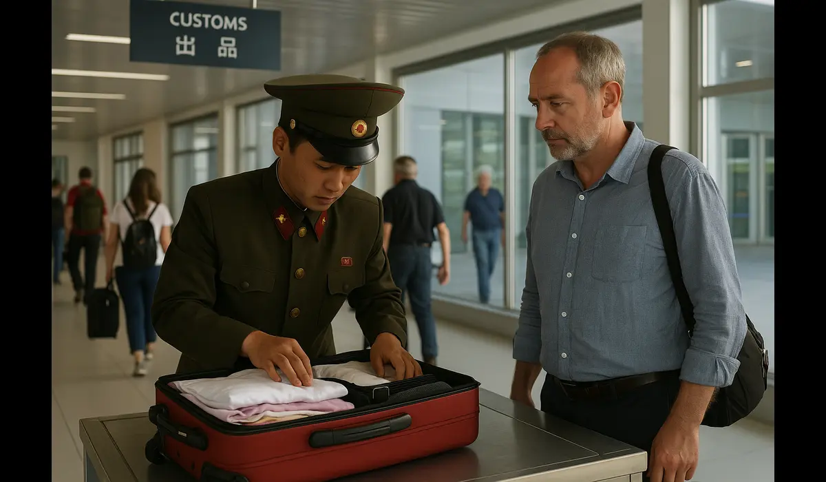 North Korean customs officer enforcing what you can and cannot bring into North Korea.