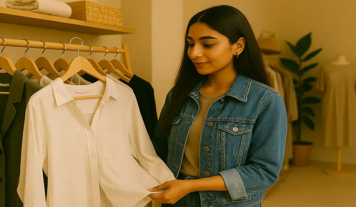 Indian woman exploring USA-inspired eco-friendly fashion boutique in India.