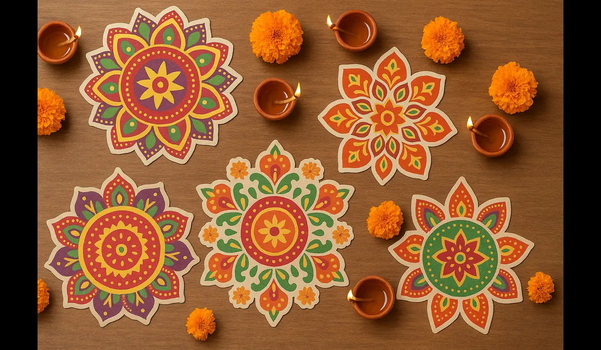 Eco-friendly Diwali Rangoli sticker designs for apartments & offices made from biodegradable paper.