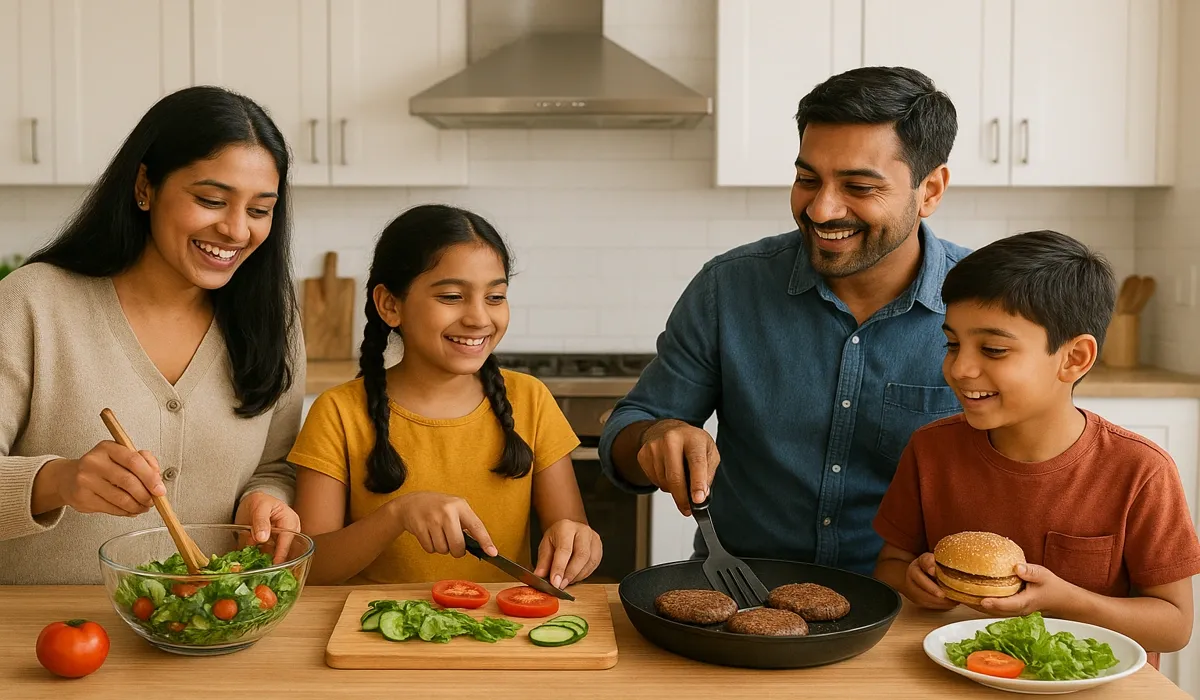 Family recreating American fast casual dining in India kitchen.