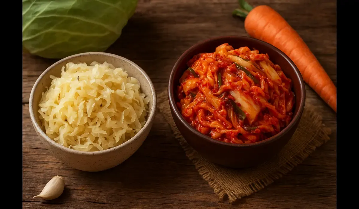 Fermented superfoods sauerkraut and kimchi for gut health.