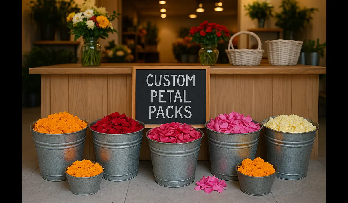 Florist preparing flower petals for Diwali Rangoli orders in the US.