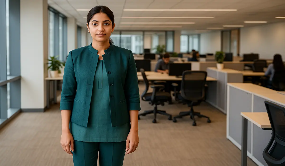 Fusion workwear fashion for Indian women with structured kurta and jacket.