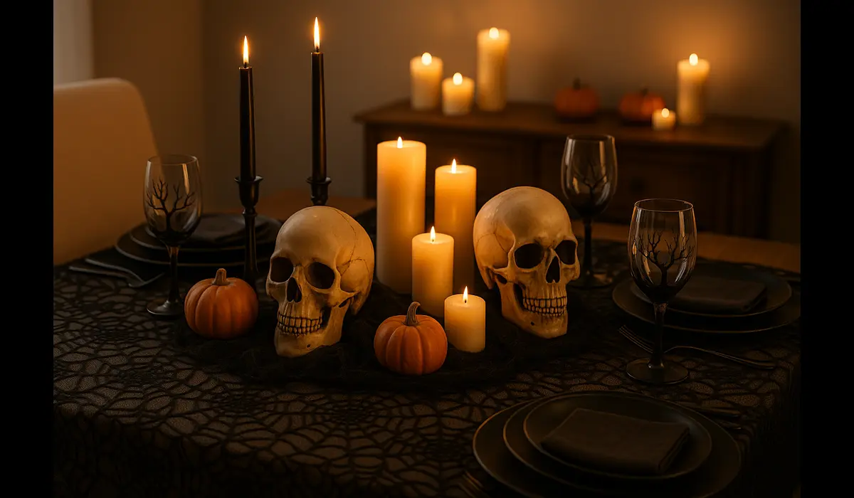 Halloween dining table decorations with skulls and candles.