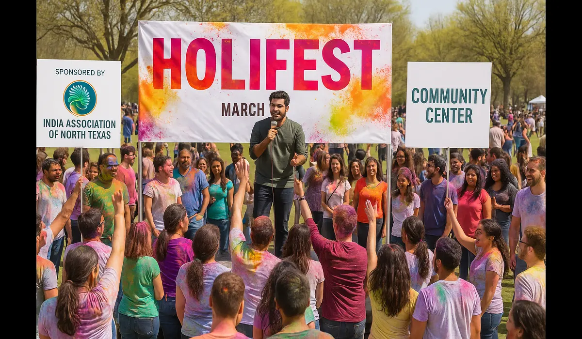 Desi festivals in USA Holi Hai celebration with colorful powder and Bollywood music.