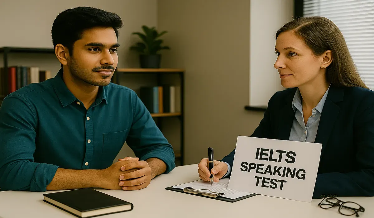 Indian student giving IELTS speaking test for USA education.